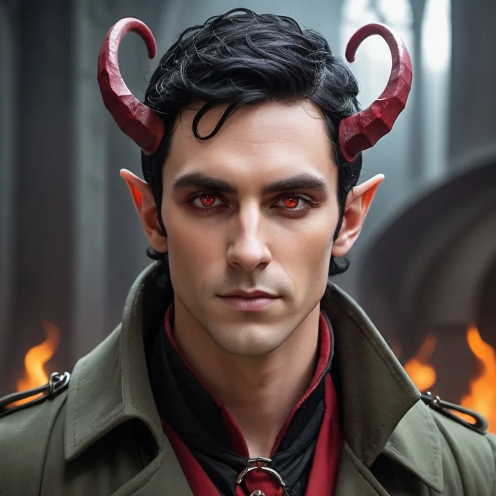 Prompt: Elf male with horns and black hair with red highlights, with a fine toned jawline and has a trench coat with a shoulder cape with gothic design that has fiery amber eyes 