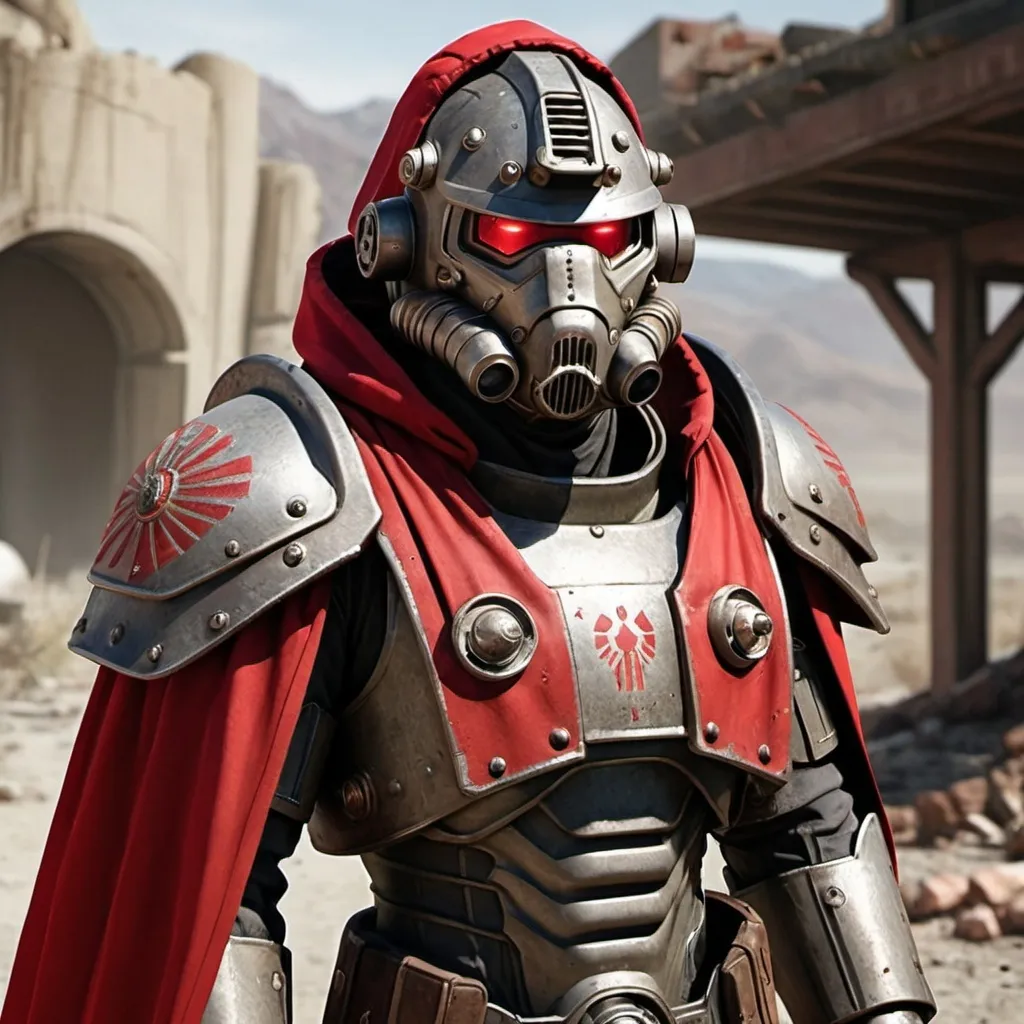 Prompt: Sci-fi soldier wearing fallout power armor with roman design with a crimson hooded helmet and shoulder cape 