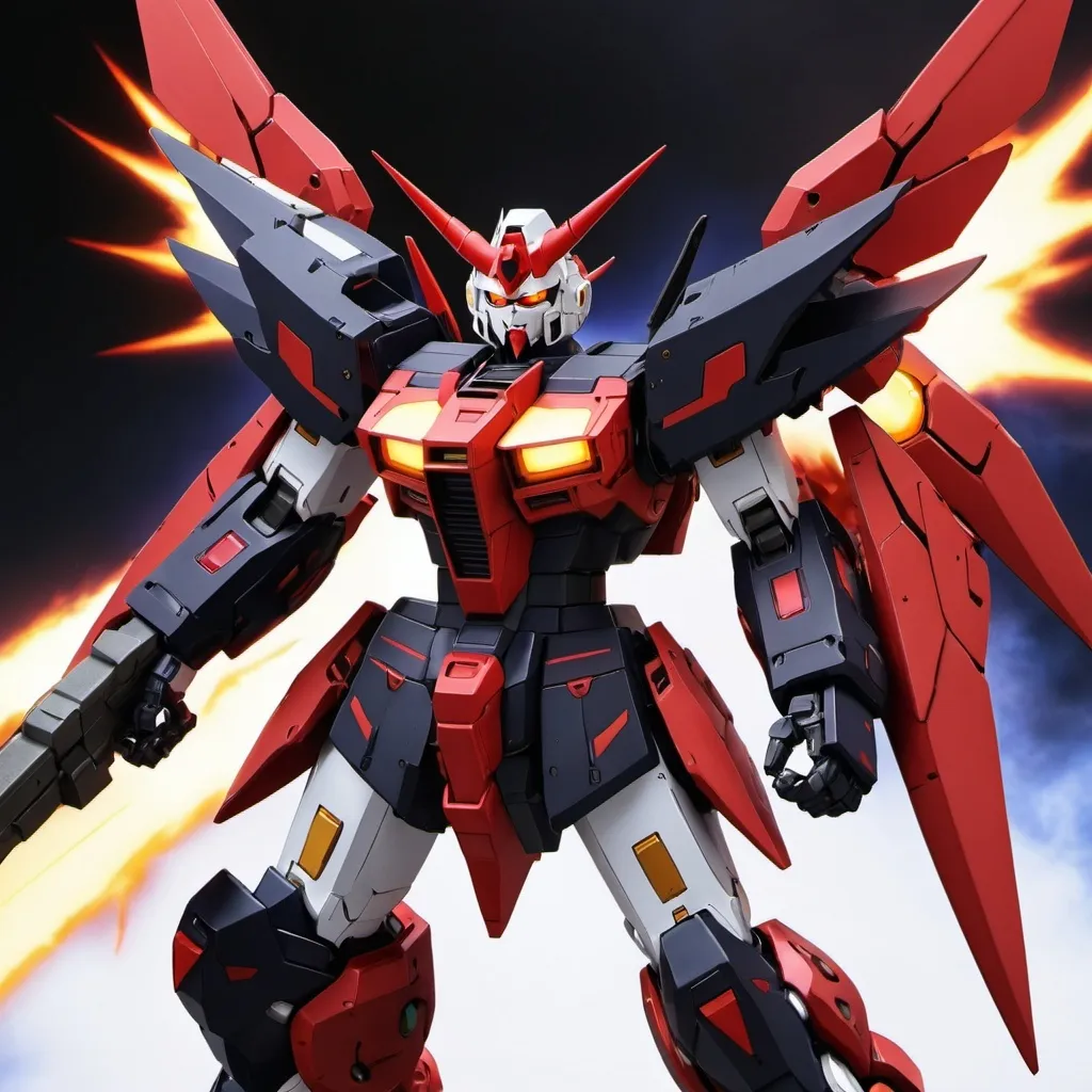 Prompt: Devil gundam mech with wings of red and black energy blazing like the sun