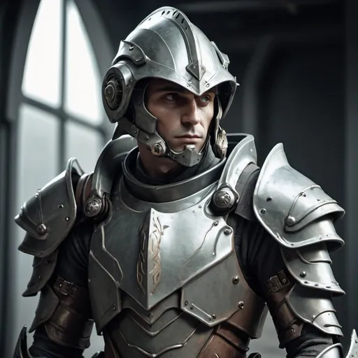 Prompt: Sci-fi male elf soldier in power armor with Knight helmet 