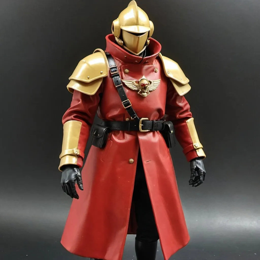 Prompt: Zeon soldier in trench coat with Knight helmet in red and gold