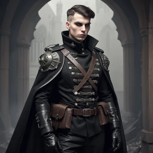 Prompt: Dieselpunk soldier with gothic design and shoulder cape 