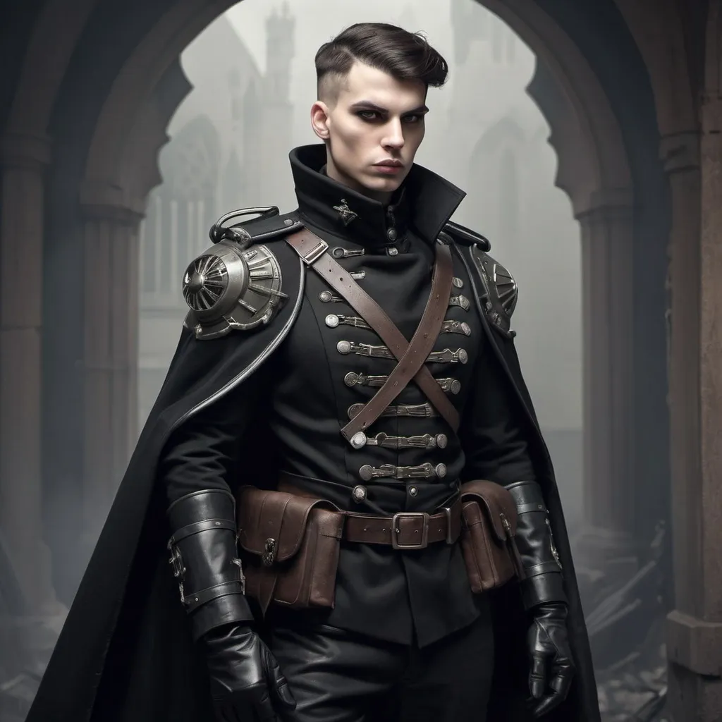 Prompt: Dieselpunk soldier with gothic design and shoulder cape 