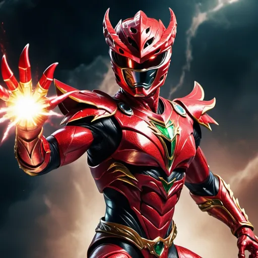 Prompt: Red dragon power ranger with shoulder cape