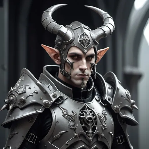 Prompt: Sci-fi male elf soldier with horns in power armor with gothic design 