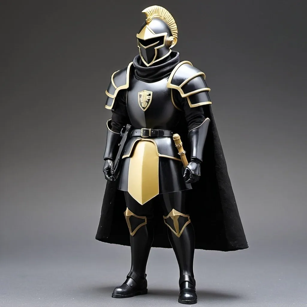 Prompt: Zeon soldier with shoulder cape and Knight helmet in black 