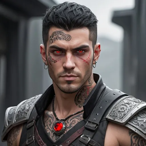 Prompt: Sci-fi mercenary male with no facial hair but has black hair and one red eye and one amber eye with a ruby in his forehead with norse tattoos 