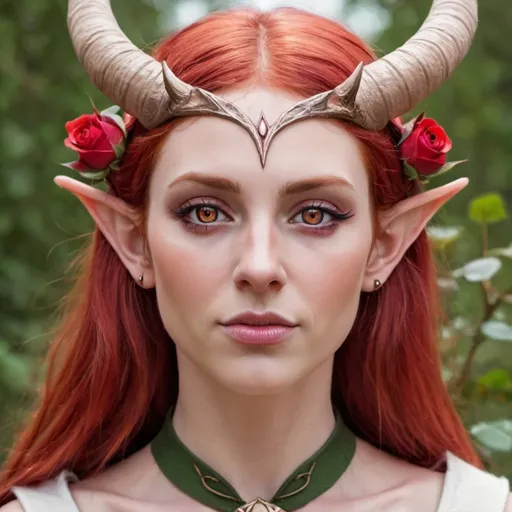 Prompt: Elf woman with horns and red hair and rose colored eyes 