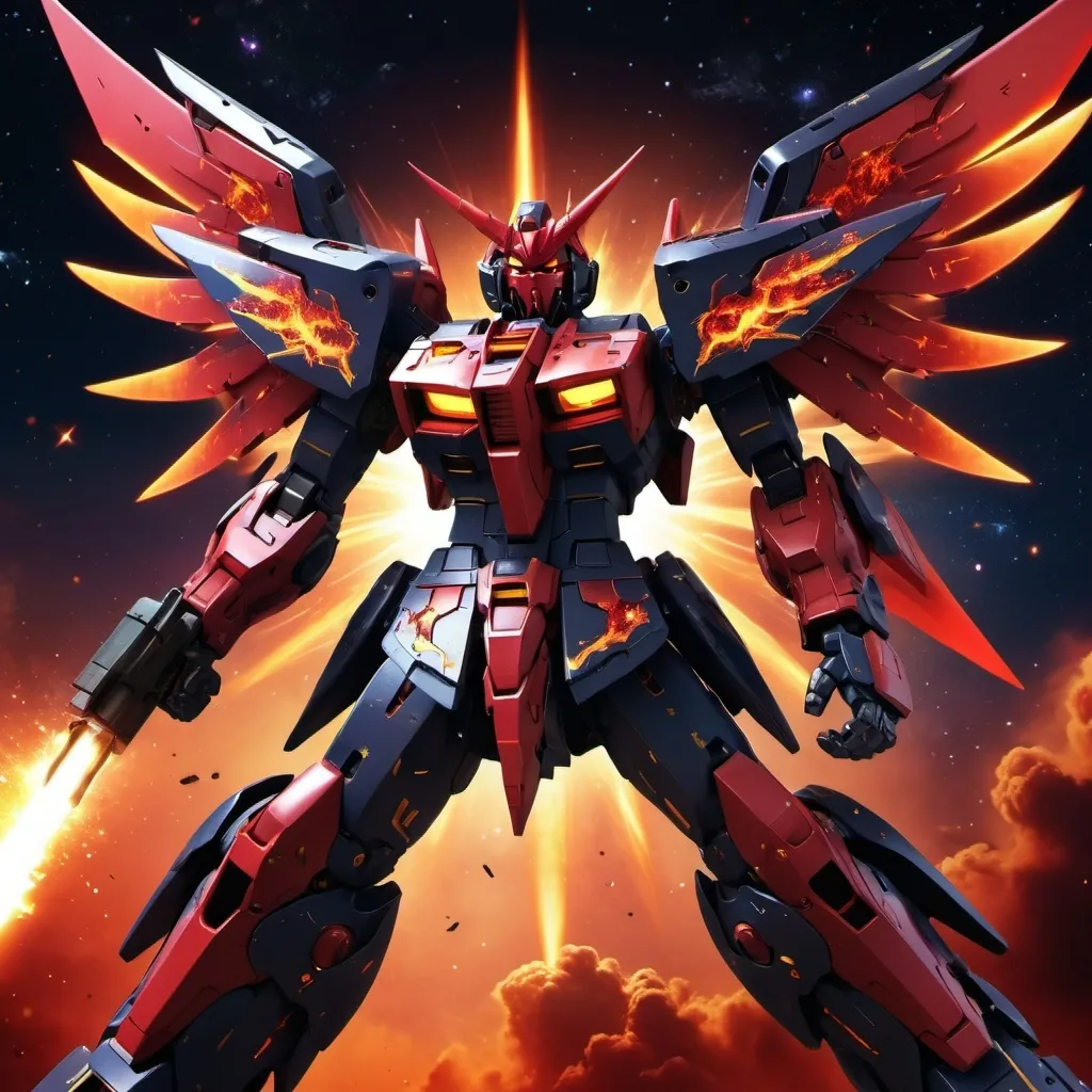 Prompt: Devil gundam mech with wings of red and black energy blazing like the sun