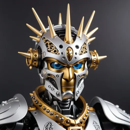 Prompt: Sci-fi Bionicle soldier with gothic design in gold and silver with a spiked crown 