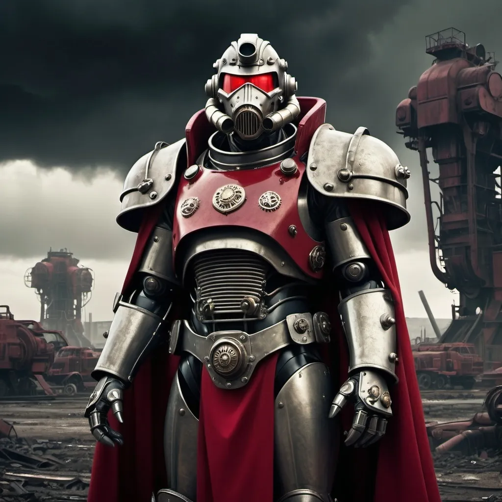 Prompt: Dieselpunk emperor with fallout power armor and shoulder cape that is scarlet 