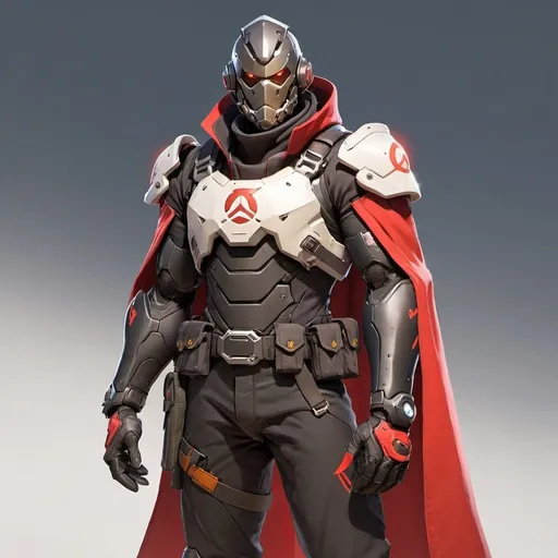 Prompt: Male overwatch soldier with Knight helmet in black and has a trench coat with a cape on the left shoulder in red