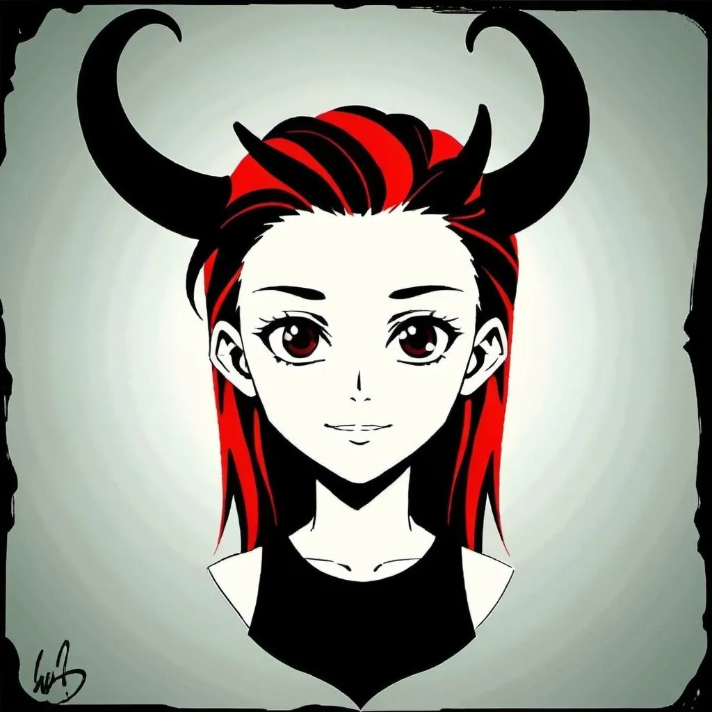 Prompt: With horns and red and black hair