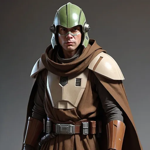 Prompt: Sci-fi Jedi Knight with helmet and shoulder cape 