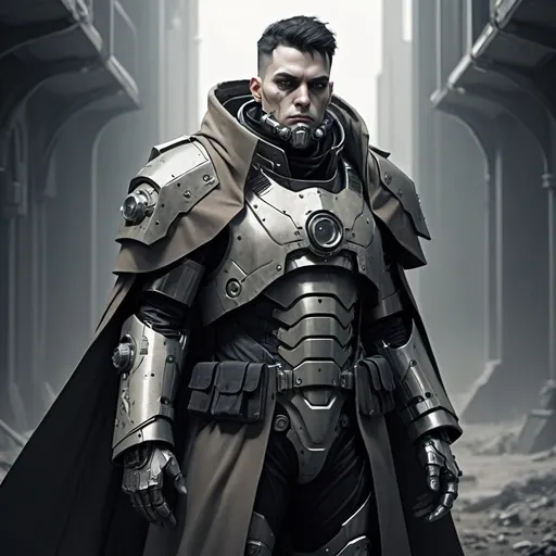 Prompt: Sci-fi soldier in power armor with a shoulder cape and trench coat with gothic design 