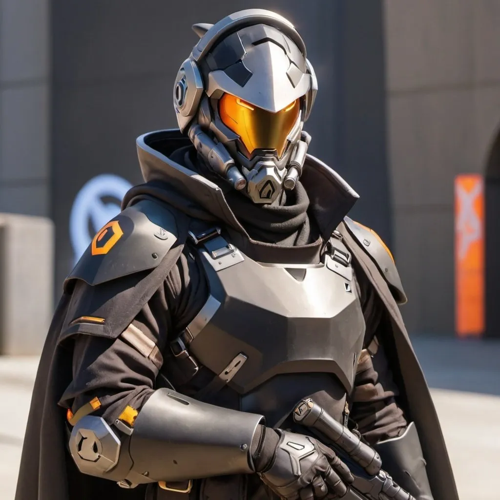 Prompt: Male overwatch soldier with Knight helmet in black and has a trench coat with a cape on the left shoulder 