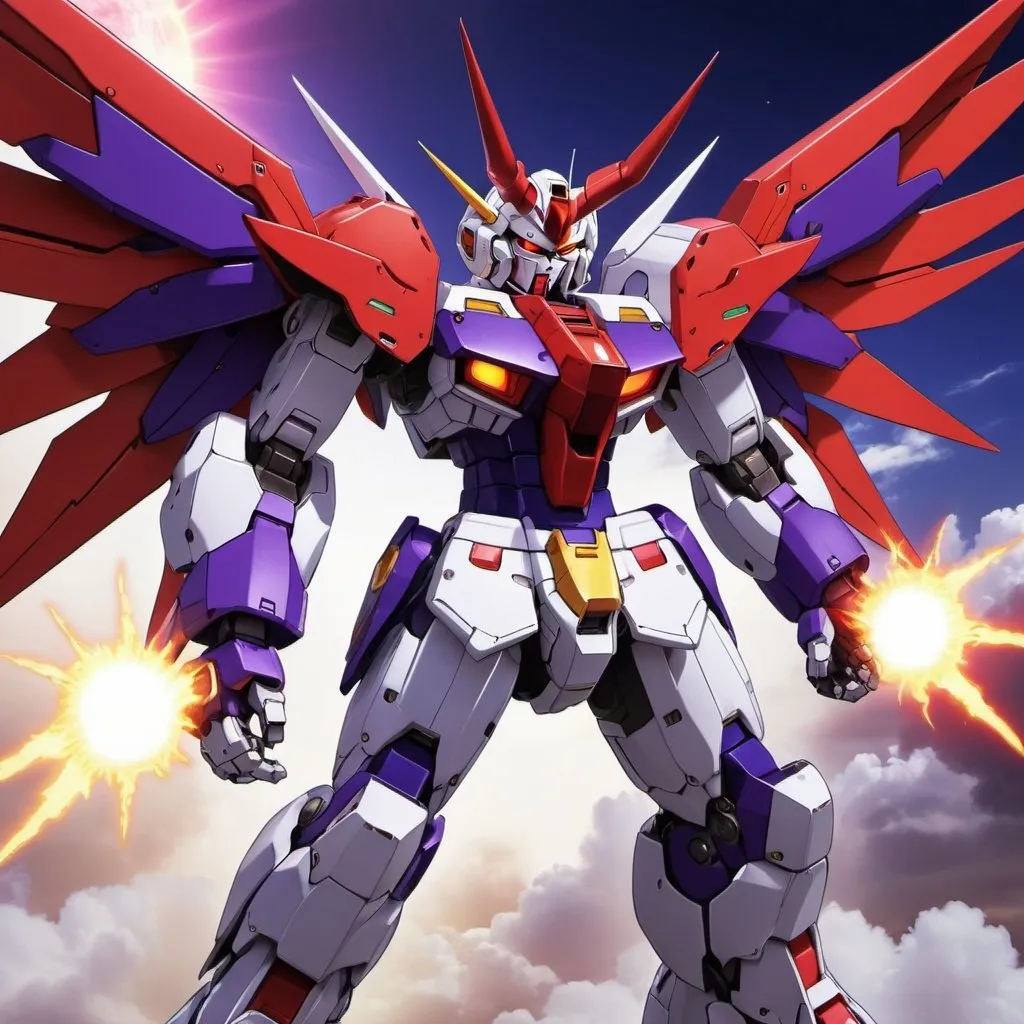 Prompt: Devil gundam mech with wings of red and purple energy blazing like the sun