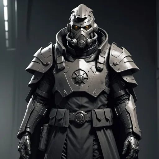 Prompt: Sci-fi soldier in power armor with a shoulder cape and trench coat with gothic design 