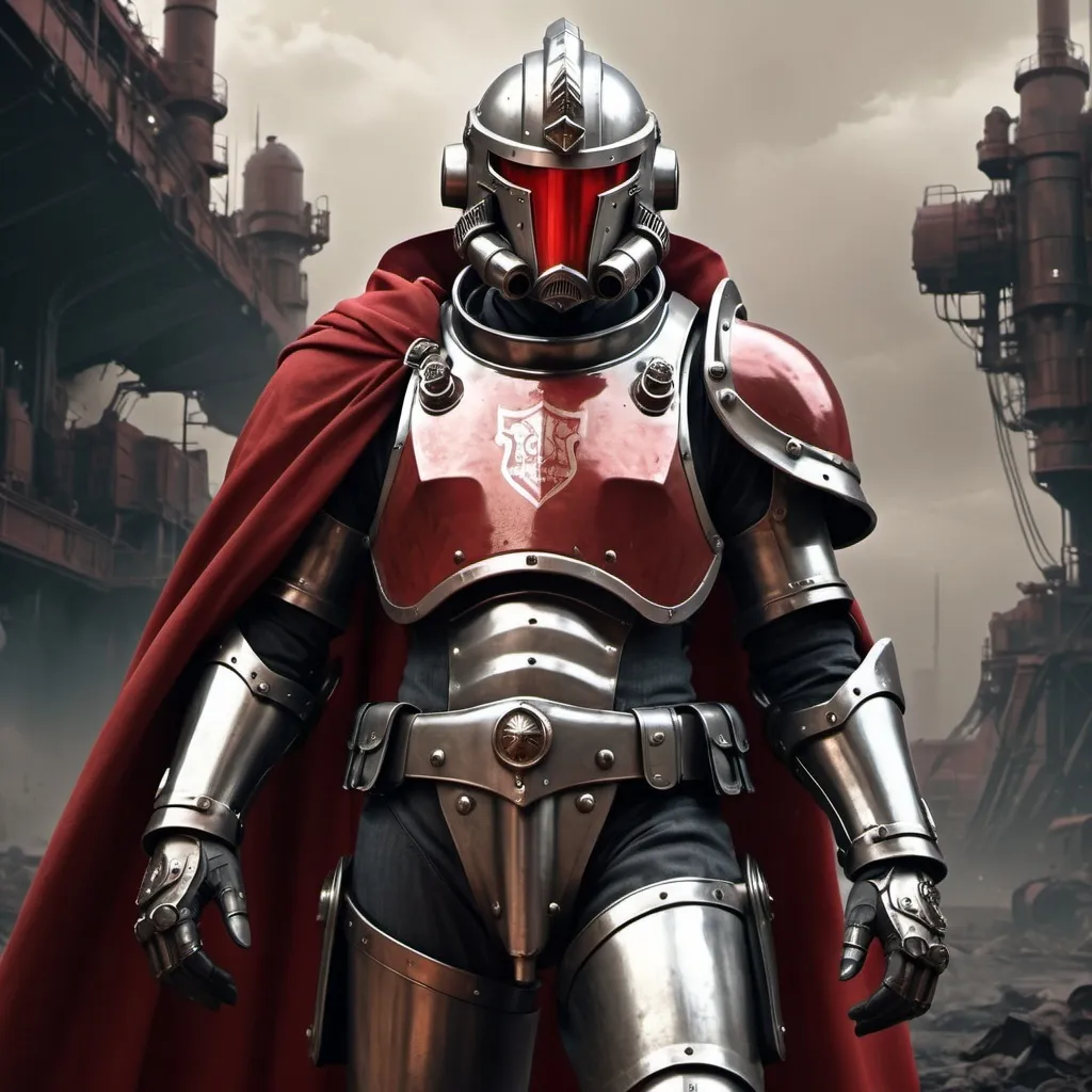 Prompt: Dieselpunk soldier with Knight helmet and has on a scarlet shoulder cape with dieselpunk power armor 