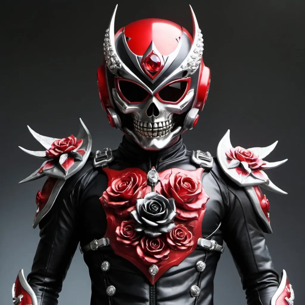 Prompt: Kamen rider with skull helmet that is red and black with a crystal rose in the middle of the chest 