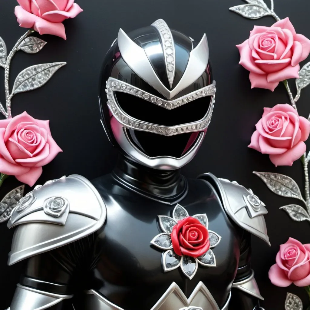 Prompt: Knight power ranger in black and silver with crystal roses 