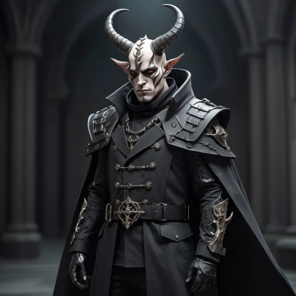 Prompt: Sci-fi soldier with horns and gothic design that has a shoulder cape and trench coat 