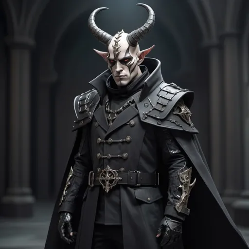 Prompt: Sci-fi soldier with horns and gothic design that has a shoulder cape and trench coat 