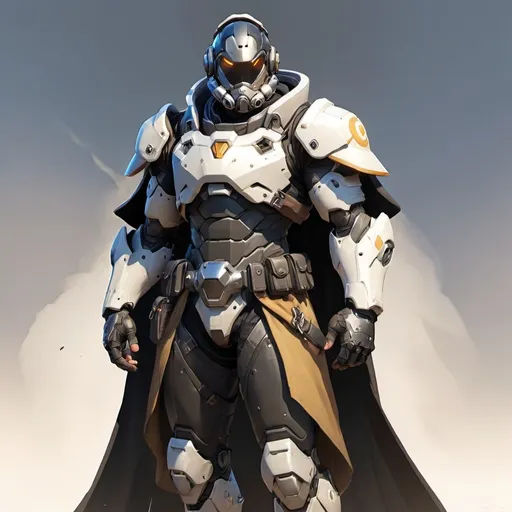 Prompt: Male overwatch soldier with Knight helmet in black and has a trench coat with a cape on the left shoulder in power armor 