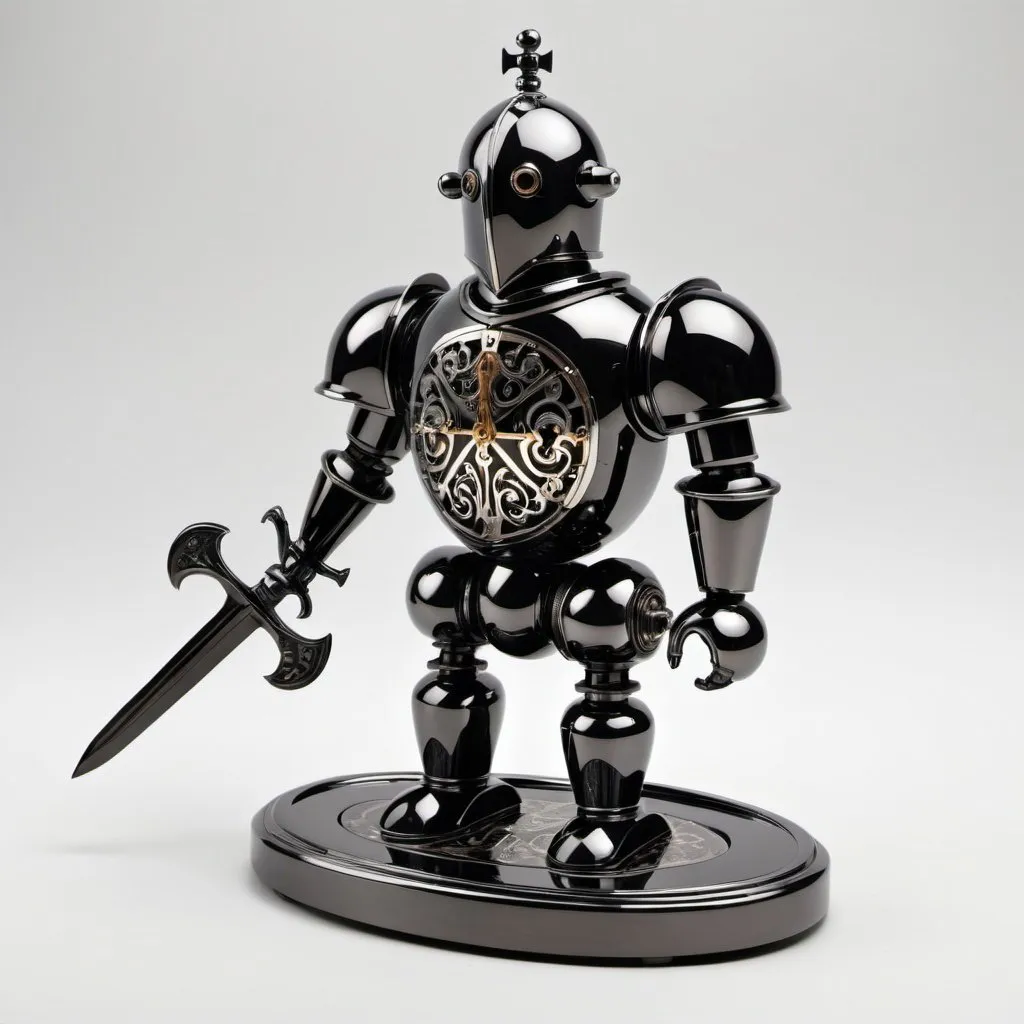 Prompt: Automaton made of black chrome with a knight design 