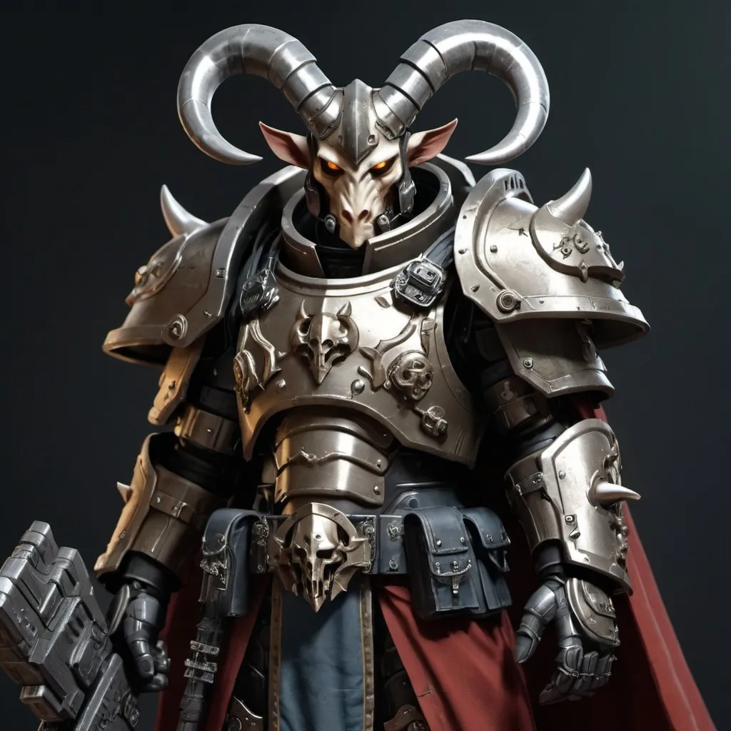 Prompt: Sci-fi soldier with horns that has norse and gothic design armor with a shoulder cape in Warhammer 40k power armor 