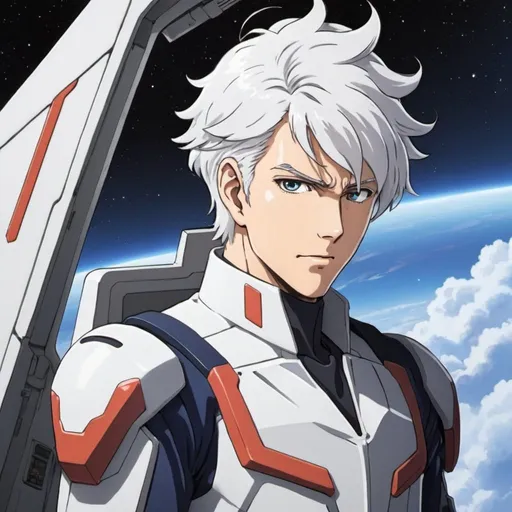 Prompt: Male anime with white hair in pilot suit from gundam