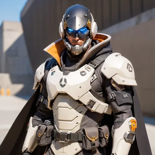 Prompt: Male overwatch soldier with Knight helmet in black and has a trench coat with a cape on the left shoulder 