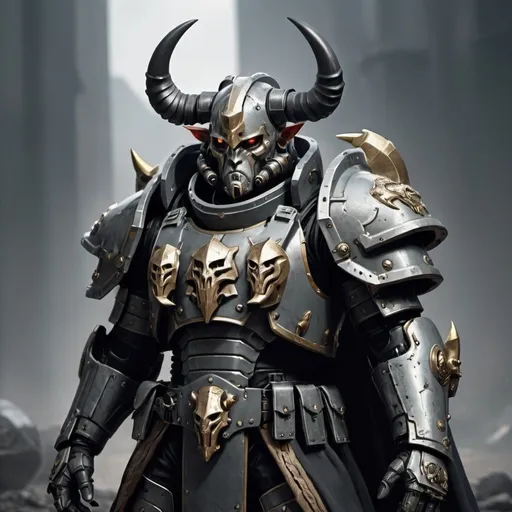 Prompt: Sci-fi soldier with horns that has norse and gothic design armor with a shoulder cape in Warhammer 40k power armor 