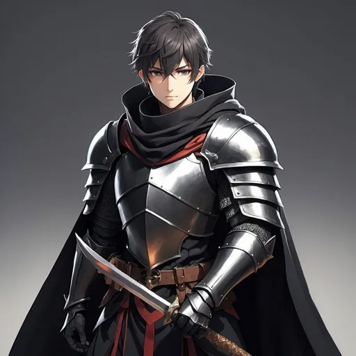 Prompt: Epic anime protagonist Knight with shoulder cape in black 