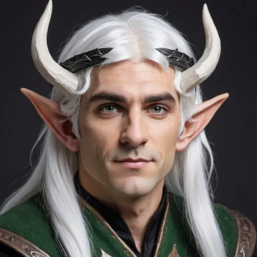 Prompt: Male elf with horns and white hair with a black highlights in hair 