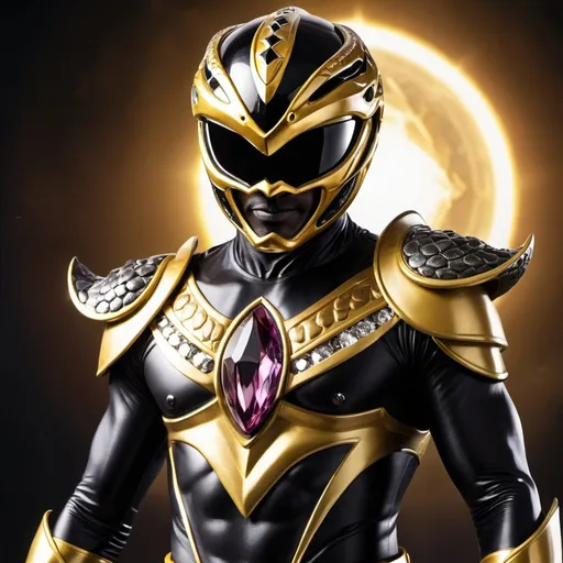 Prompt: Evil black and gold power ranger with snake helmet with crystal eclipse in the middle of the chest 