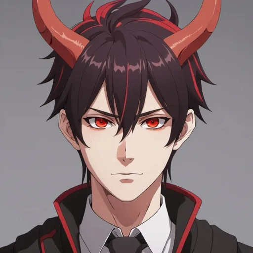 Prompt: Anime male protagonist with horns and red and black hair with red eyes