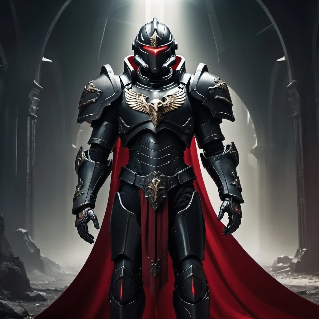 Prompt: Sci-fi male king with raven power armor with a Scarlet shoulder cape and knight helmet 