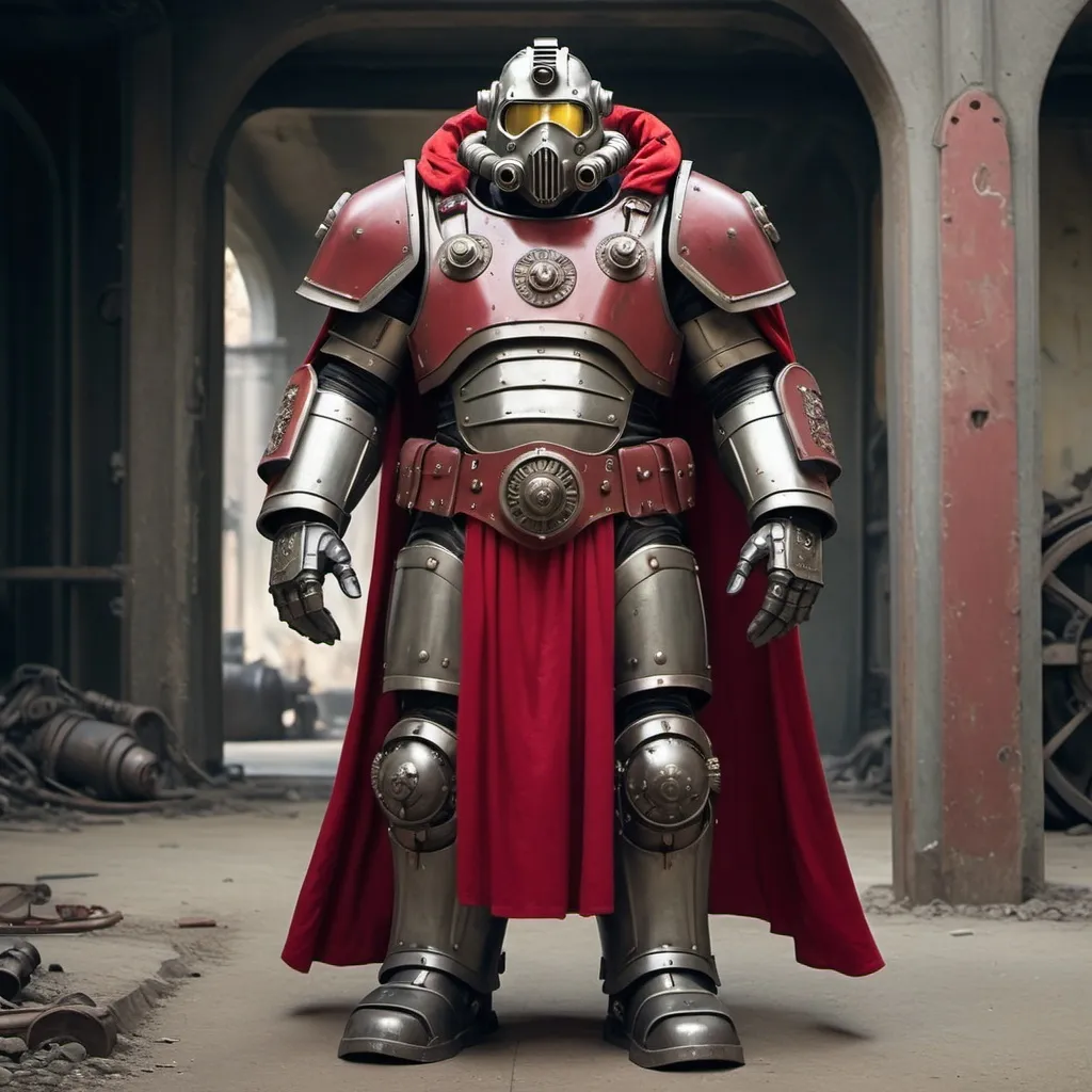 Prompt: Dieselpunk bulky fallout power armor with roman design with a crimson shoulder cape and crimson hooded helmet 