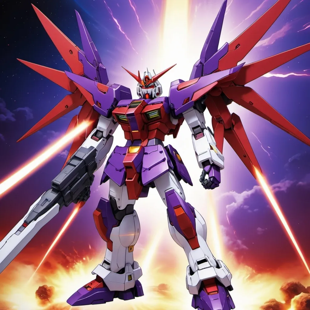 Prompt: Devil gundam mech with wings of red and purple energy blazing like the sun