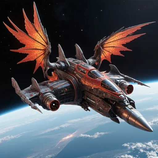 Prompt: Sci-fi Space ship fighter with dragon wings