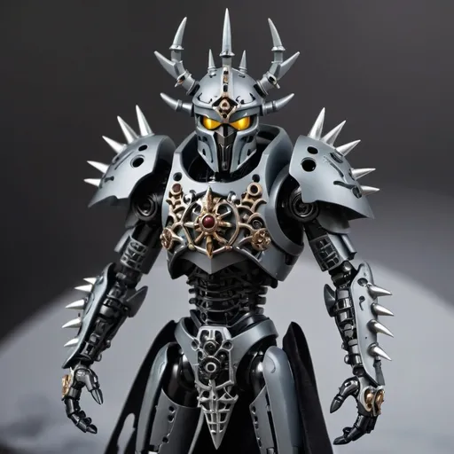 Prompt: Sci-fi Bionicle soldier with gothic design in  with a spiked crown and shoulder cape