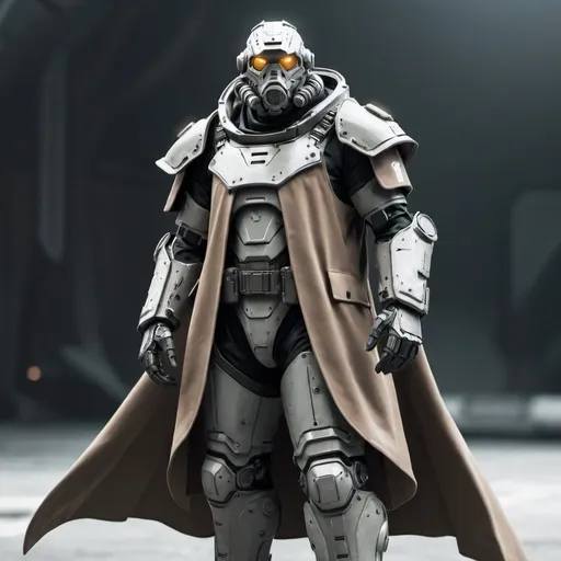 Prompt: Sci-fi soldier in power armor with a shoulder cape and trench coat 