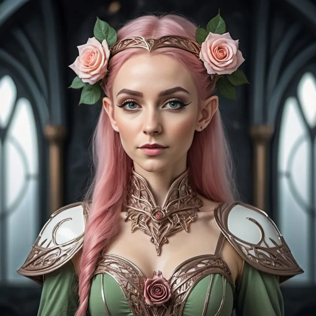 Prompt: Elven woman with rose hair in sci-fi regal dress