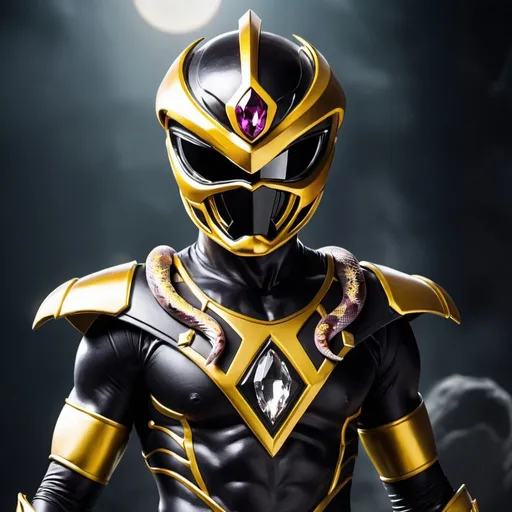 Prompt: Evil black and gold power ranger with snake helmet with crystal eclipse in the middle of the chest 