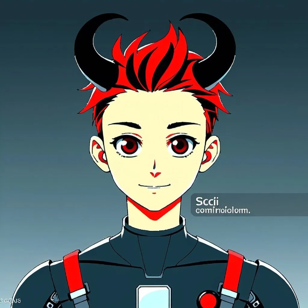 Prompt: With horns and red and black hair male in sci-fi pilot suit