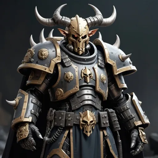 Prompt: Sci-fi soldier with horns that has norse and gothic design armor with a shoulder cape in Warhammer 40k power armor 