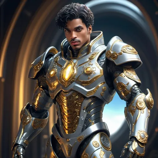 Prompt: Sci-fi male prince with power armor that has a gold and silver rim