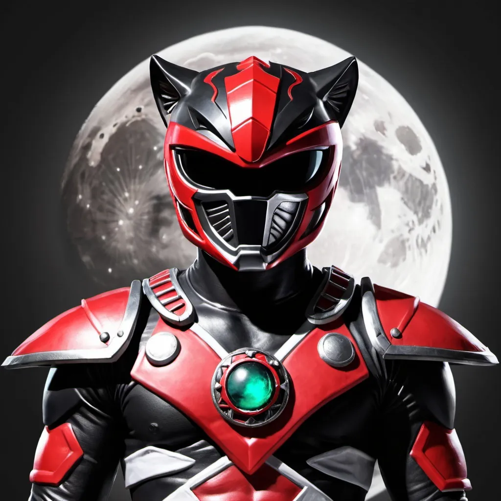 Prompt: Power ranger with wolf helm in a black and red color scheme with a moon in the middle of the chest 