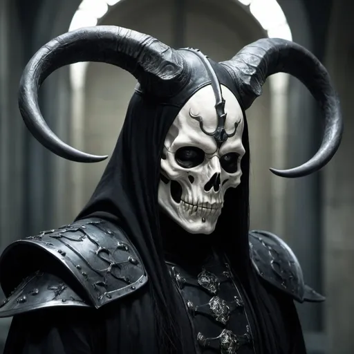Prompt: Death eater with horns and in black armor 
